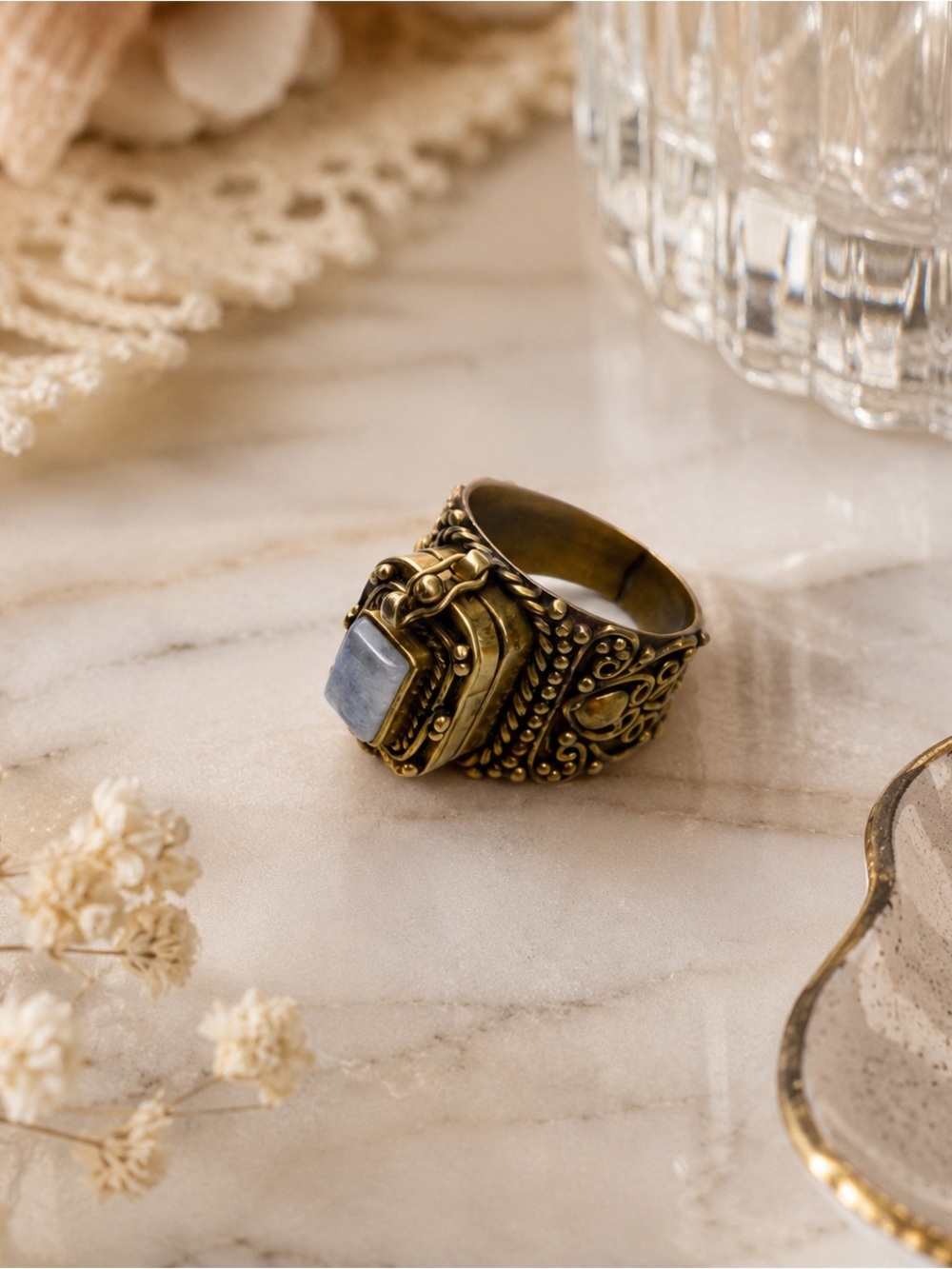 Ornate Brass Moonstone Poison Ring Secret Compartment Locket Boho Statement Ring